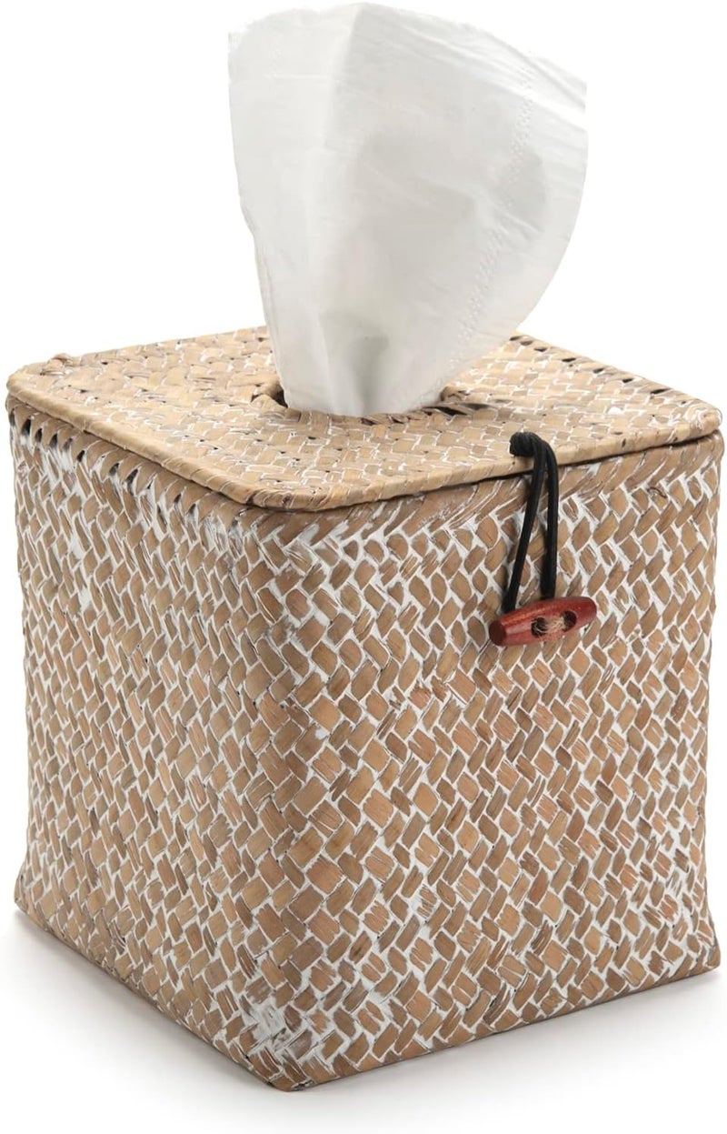 DECRAFTS Seagrass Square Tissue Box Cover Woven Napkin Holder Decorative for Bathroom Farmhouse (Whitewash, 5.5 x 5.5 x 5.5 Inch) - Image 1